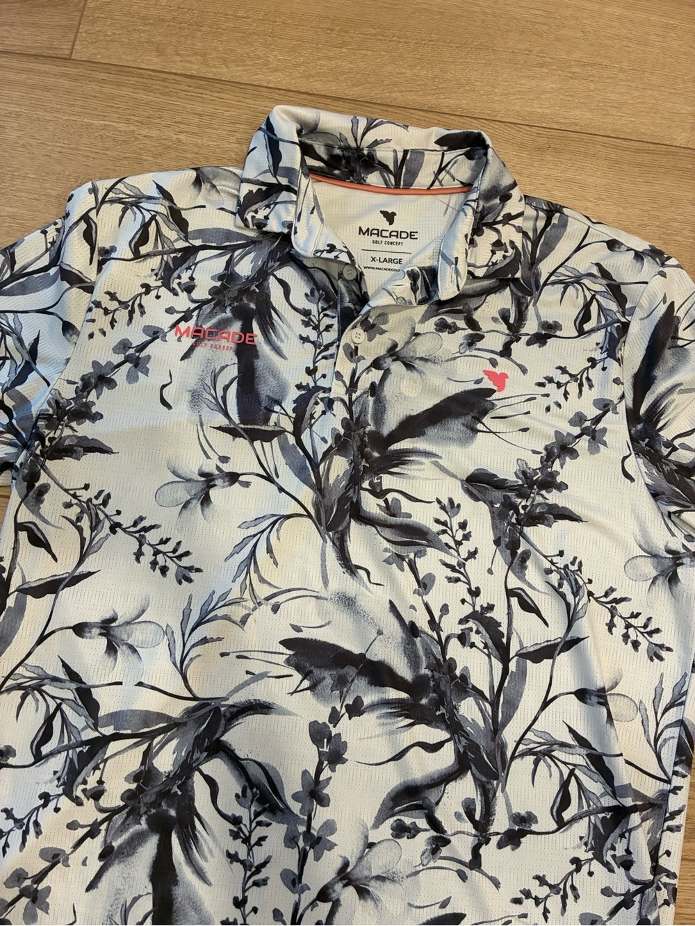 Macade Golf Concept Men’s Black White Floral Polo Shirt Pickleball Size XL